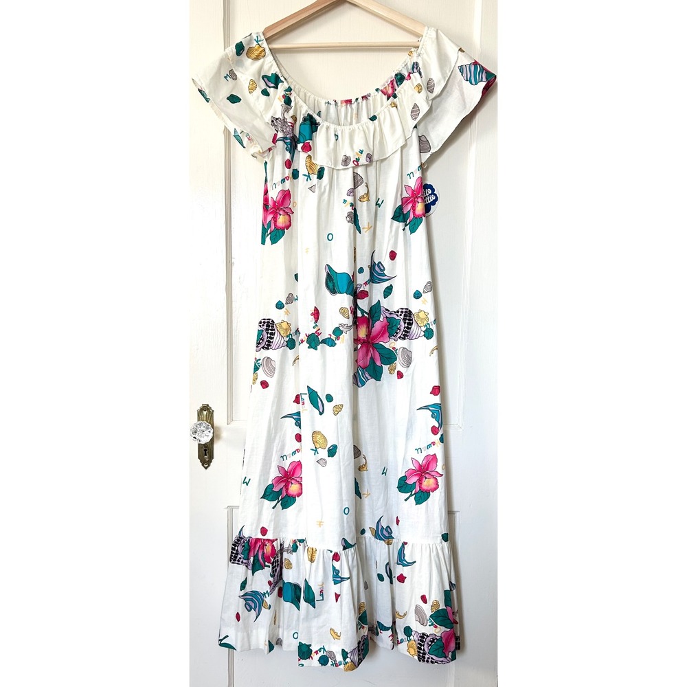 Vintage NWT Hilo Hattie Hawaii 100% Cotton Seashell Floral Muumuu Dress Maxi M